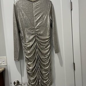 Teri Jon Silver Long Sleeve Ruched Cocktail Dress